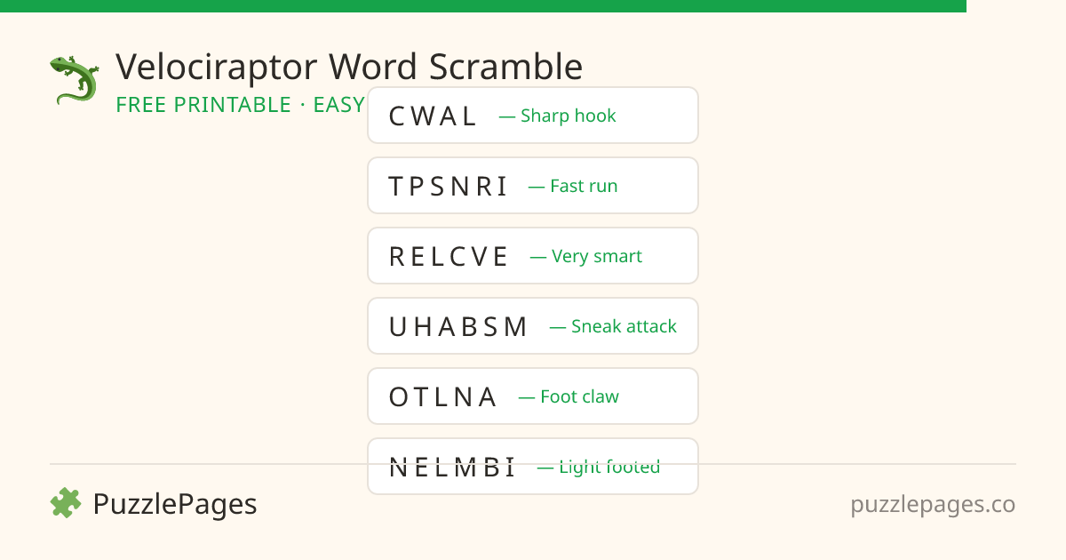 Velociraptor Easy printable word scramble preview — free to print from PuzzlePages