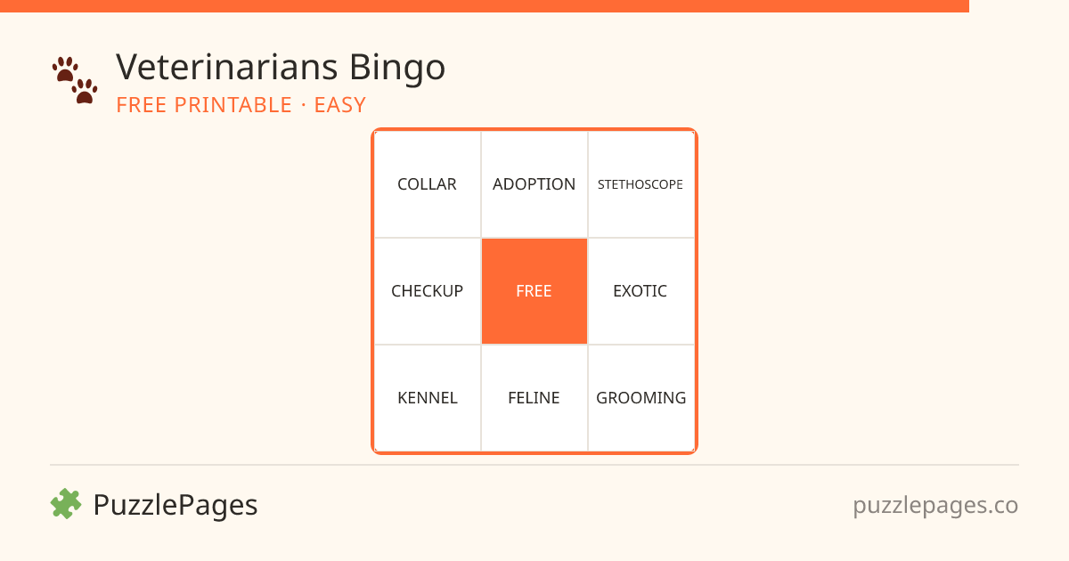 Veterinarians Easy printable bingo preview — free to print from PuzzlePages