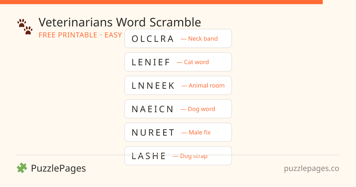 Veterinarians Easy printable word scramble preview — free to print from PuzzlePages
