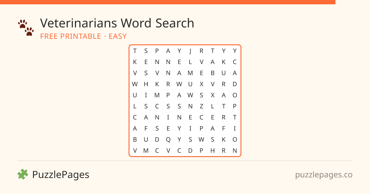 Veterinarians Easy printable word search preview — free to print from PuzzlePages