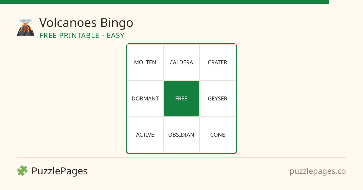 Volcanoes Easy printable bingo preview — free to print from PuzzlePages