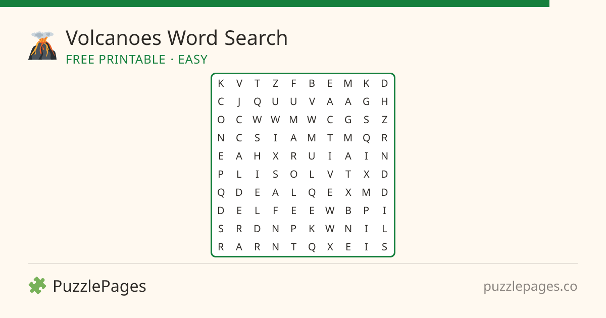 Volcanoes Easy printable word search preview — free to print from PuzzlePages