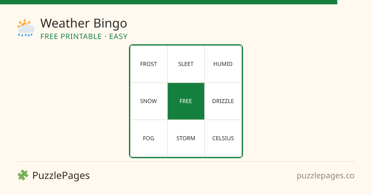 Weather Easy printable bingo preview — free to print from PuzzlePages