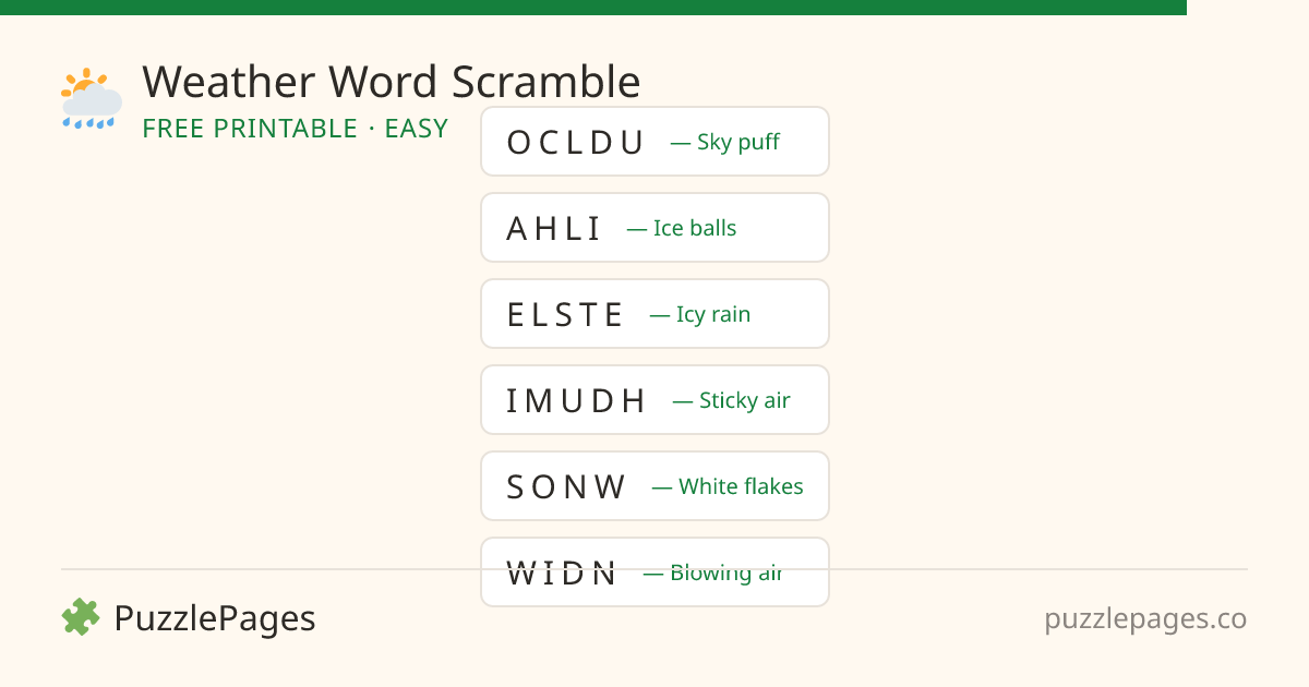 Weather Easy printable word scramble preview — free to print from PuzzlePages