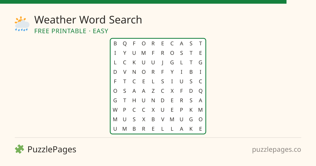 Weather Easy printable word search preview — free to print from PuzzlePages