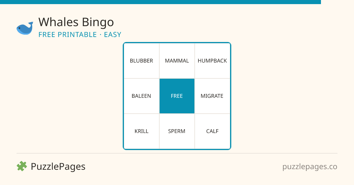 Whales Easy printable bingo preview — free to print from PuzzlePages