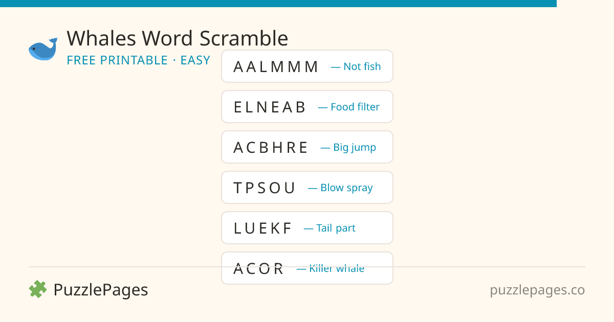Whales Easy printable word scramble preview — free to print from PuzzlePages