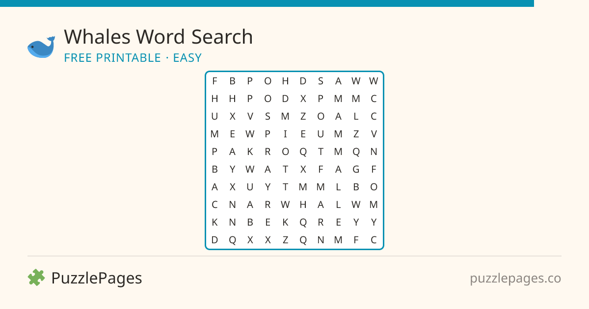 Whales Easy printable word search preview — free to print from PuzzlePages