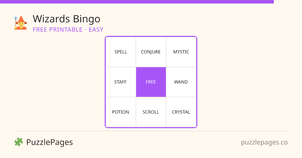 Wizards Easy printable bingo preview — free to print from PuzzlePages