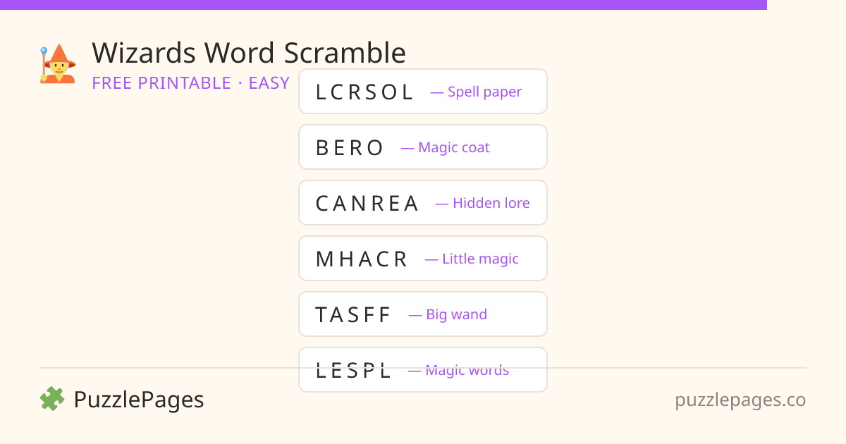 Wizards Easy printable word scramble preview — free to print from PuzzlePages