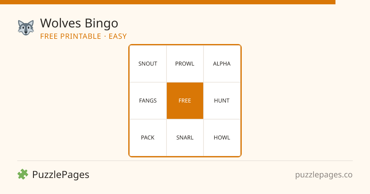 Wolves Easy printable bingo preview — free to print from PuzzlePages