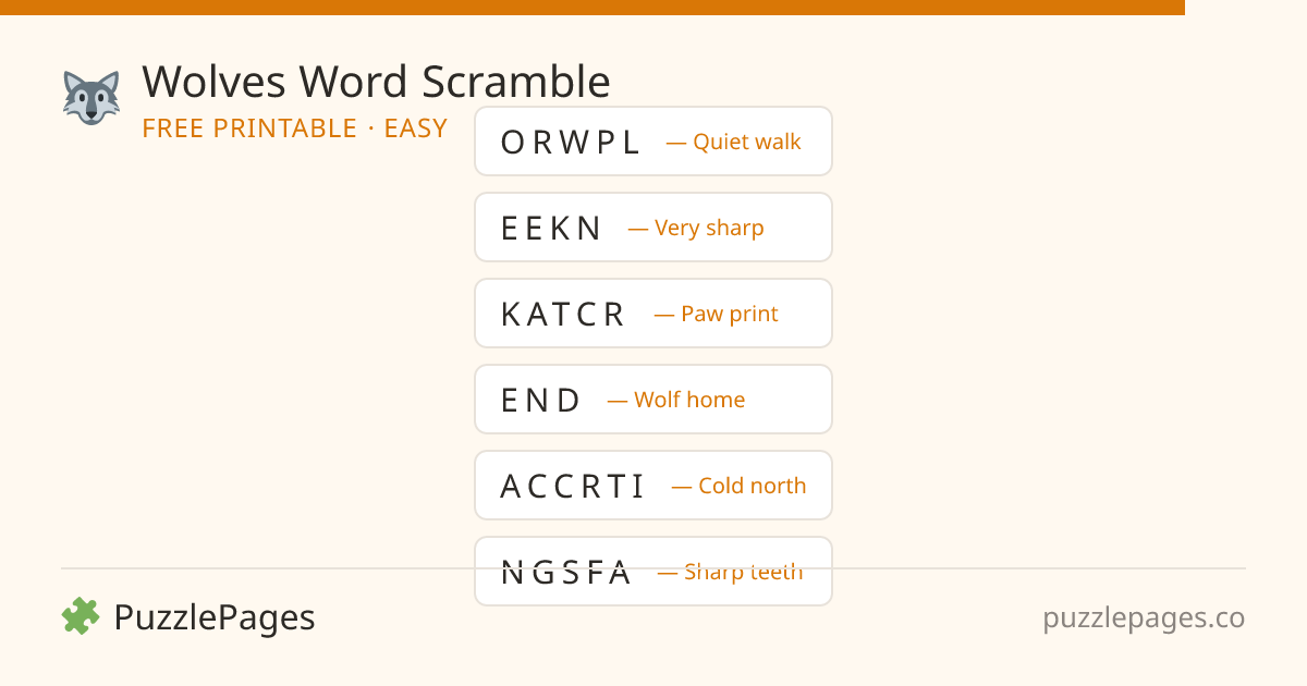 Wolves Easy printable word scramble preview — free to print from PuzzlePages