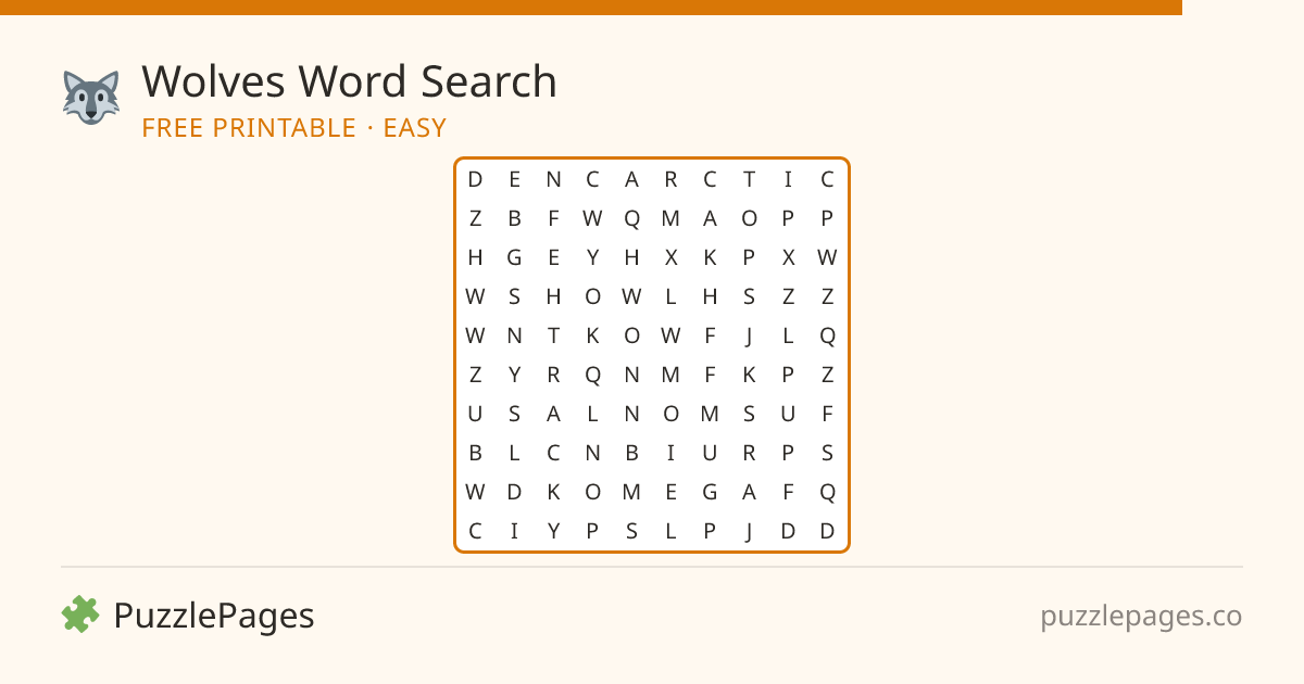 Wolves Easy printable word search preview — free to print from PuzzlePages