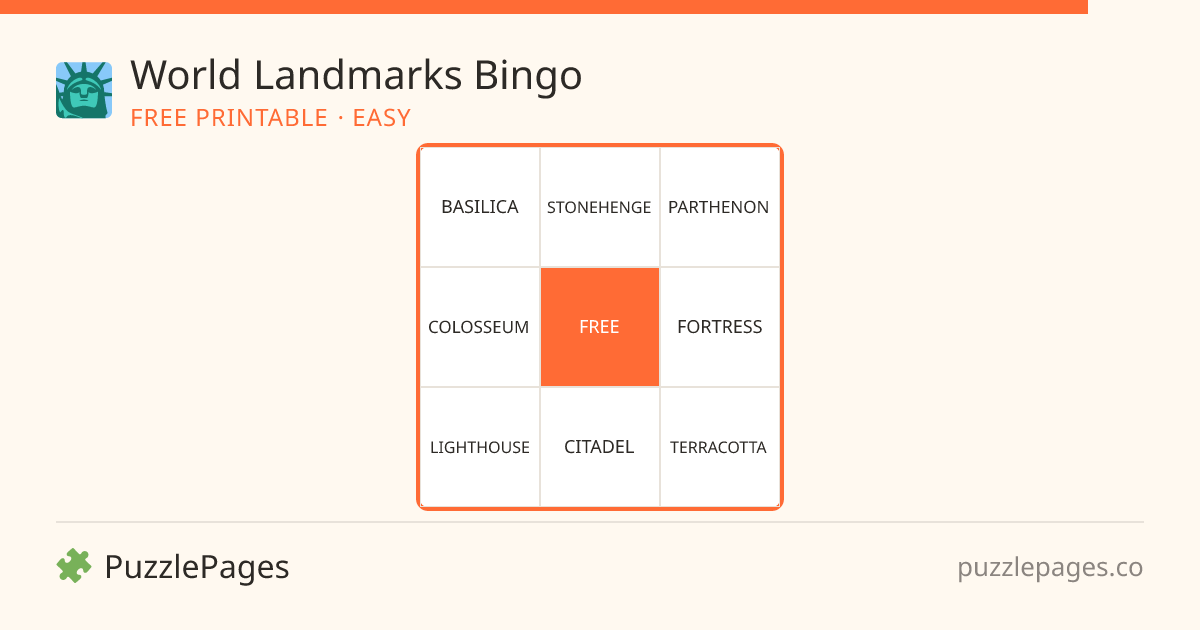 World Landmarks Easy printable bingo preview — free to print from PuzzlePages