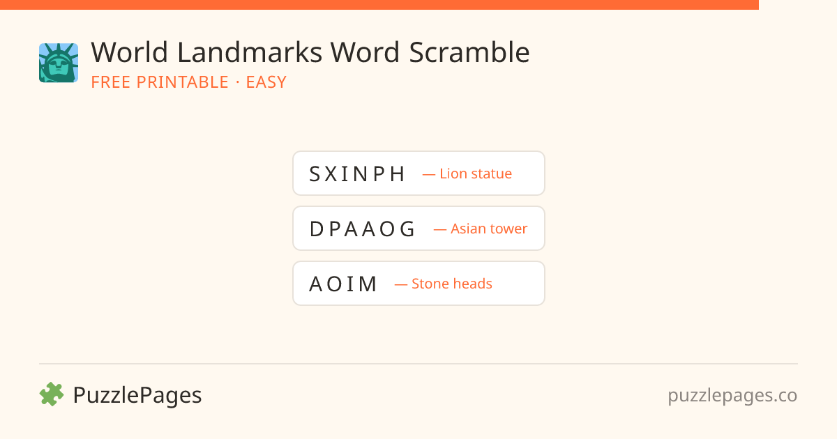 World Landmarks Easy printable word scramble preview — free to print from PuzzlePages