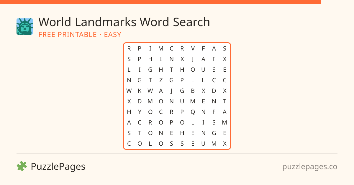 World Landmarks Easy printable word search preview — free to print from PuzzlePages