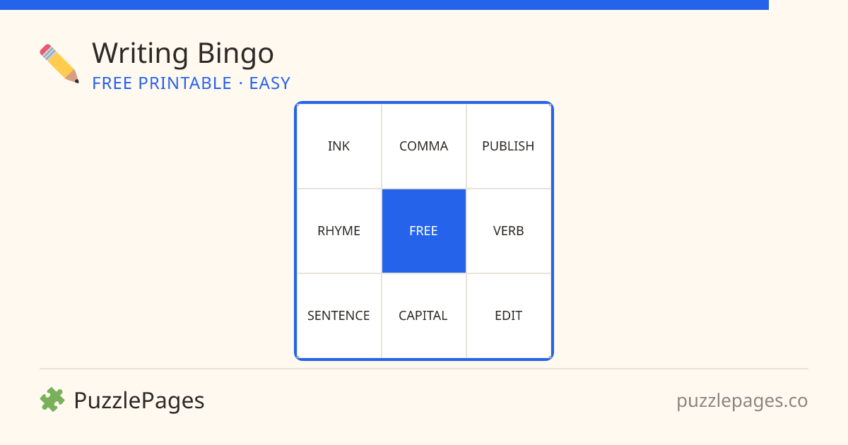 Writing Easy printable bingo preview — free to print from PuzzlePages