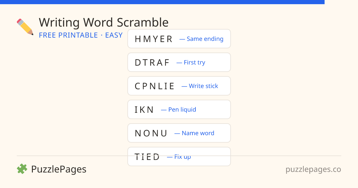 Writing Easy printable word scramble preview — free to print from PuzzlePages