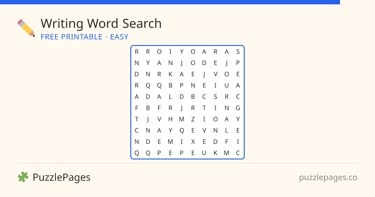Writing Easy printable word search preview — free to print from PuzzlePages