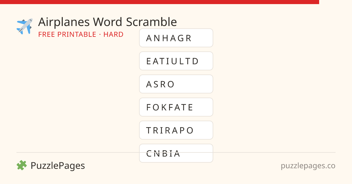 Airplanes Hard printable word scramble preview — free to print from PuzzlePages