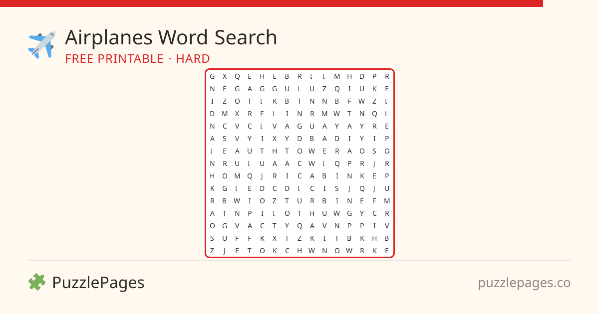 Airplanes Hard printable word search preview — free to print from PuzzlePages