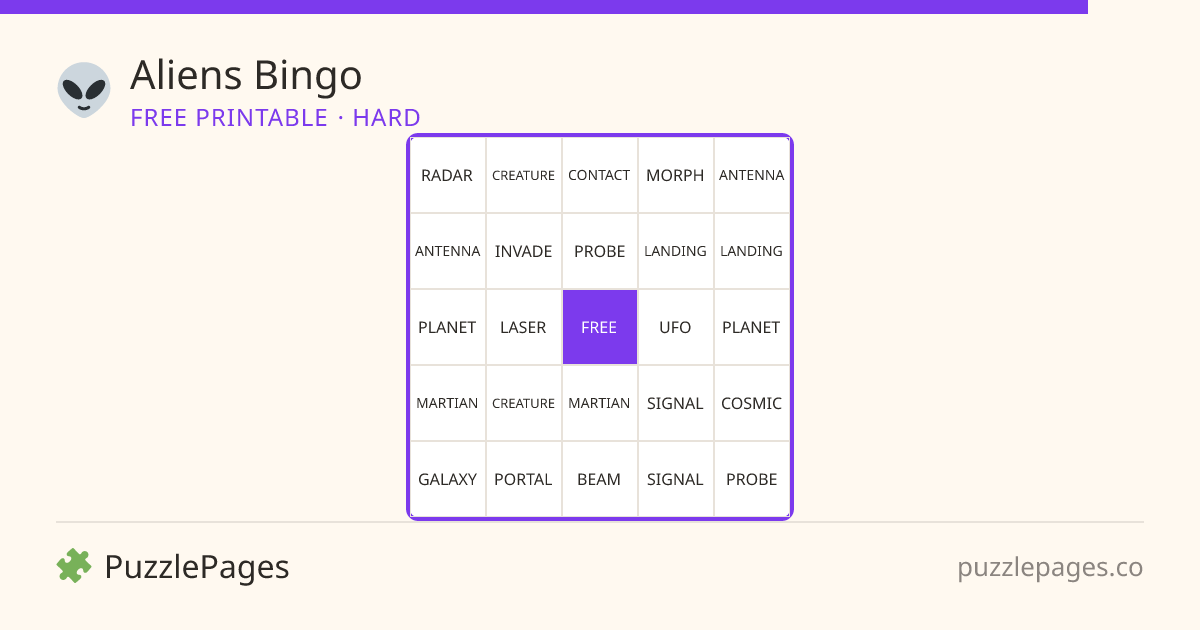 Aliens Hard printable bingo preview — free to print from PuzzlePages