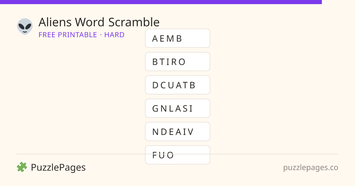 Aliens Hard printable word scramble preview — free to print from PuzzlePages