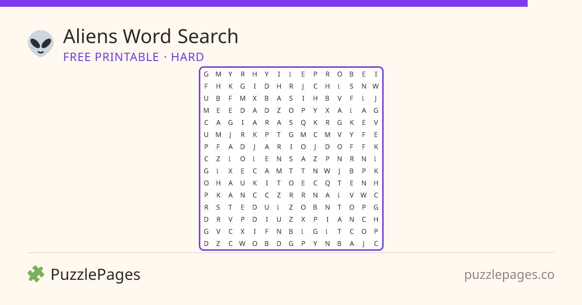 Aliens Hard printable word search preview — free to print from PuzzlePages