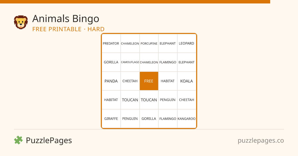 Animals Hard printable bingo preview — free to print from PuzzlePages