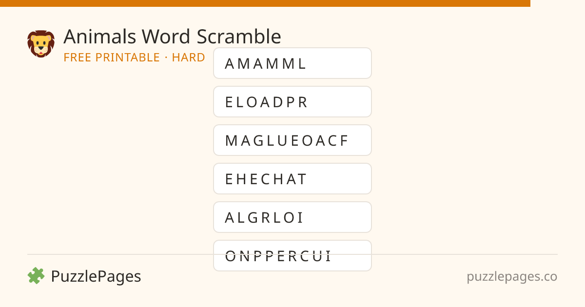 Animals Hard printable word scramble preview — free to print from PuzzlePages