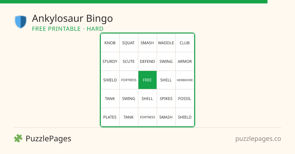 Ankylosaur Hard printable bingo preview — free to print from PuzzlePages