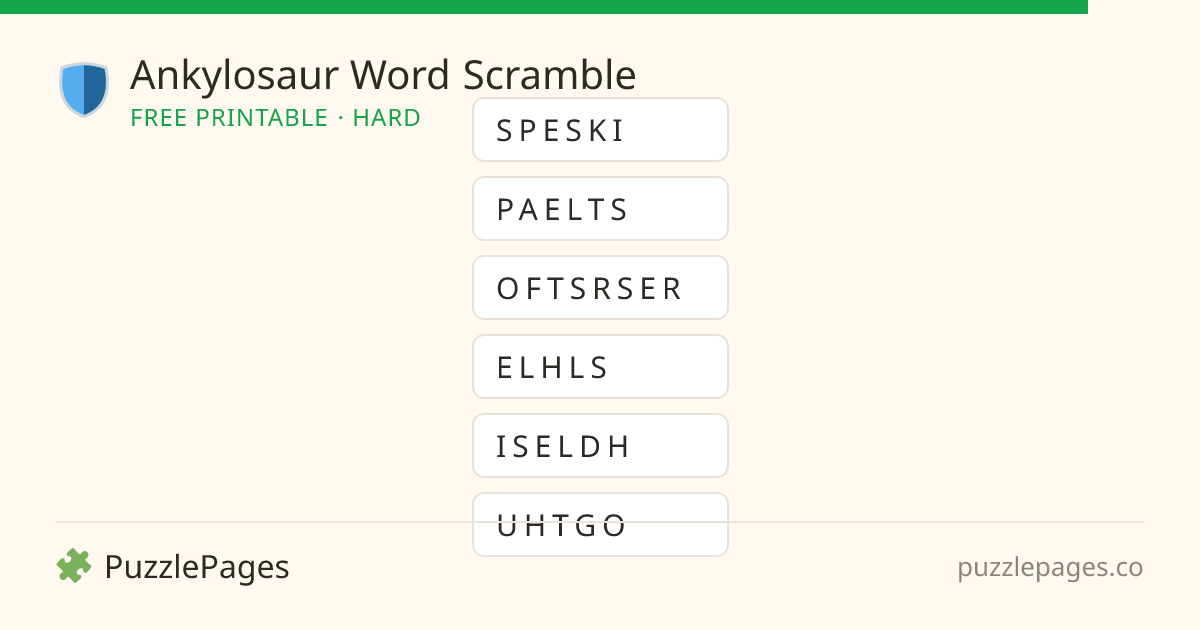 Ankylosaur Hard printable word scramble preview — free to print from PuzzlePages