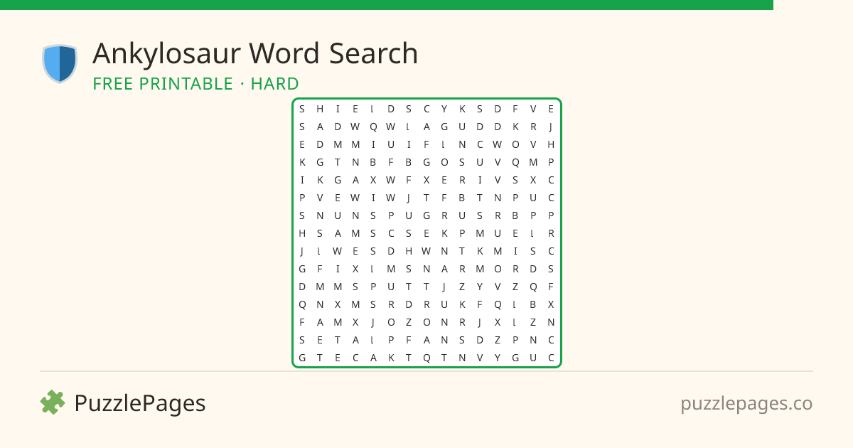 Ankylosaur Hard printable word search preview — free to print from PuzzlePages