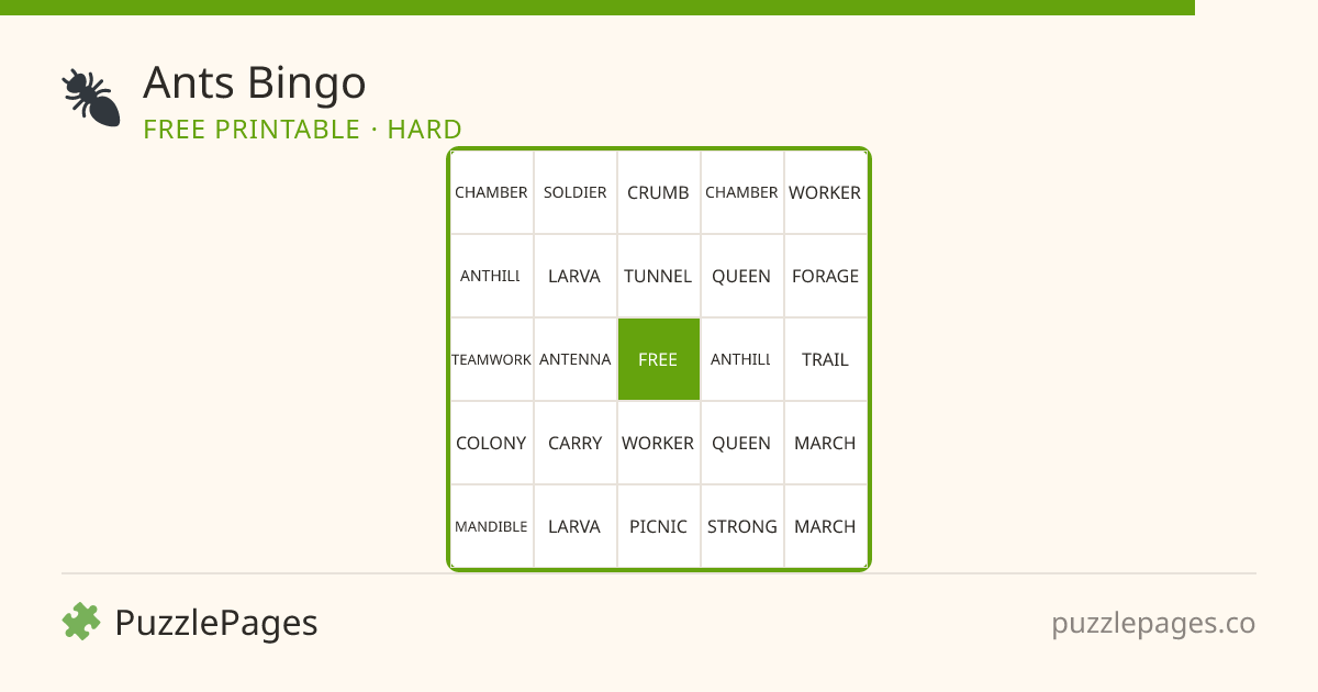 Ants Hard printable bingo preview — free to print from PuzzlePages