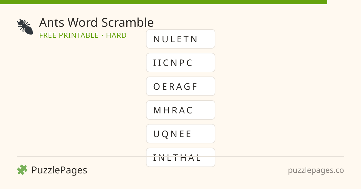Ants Hard printable word scramble preview — free to print from PuzzlePages