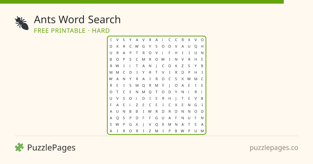 Ants Hard printable word search preview — free to print from PuzzlePages