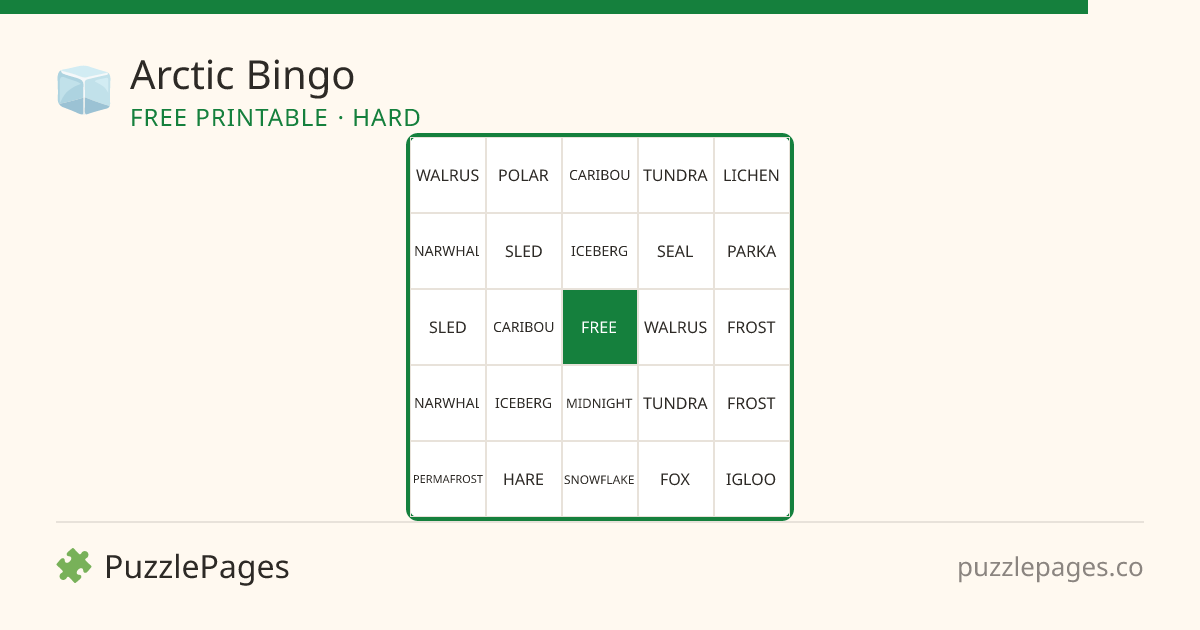 Arctic Hard printable bingo preview — free to print from PuzzlePages