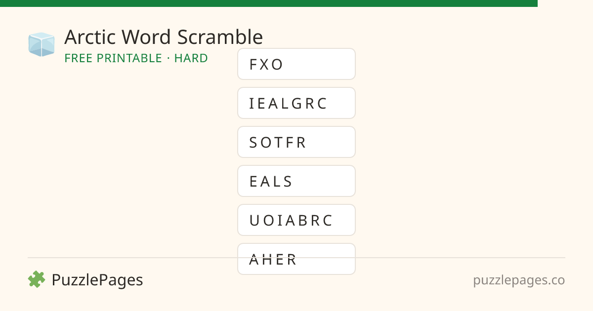 Arctic Hard printable word scramble preview — free to print from PuzzlePages