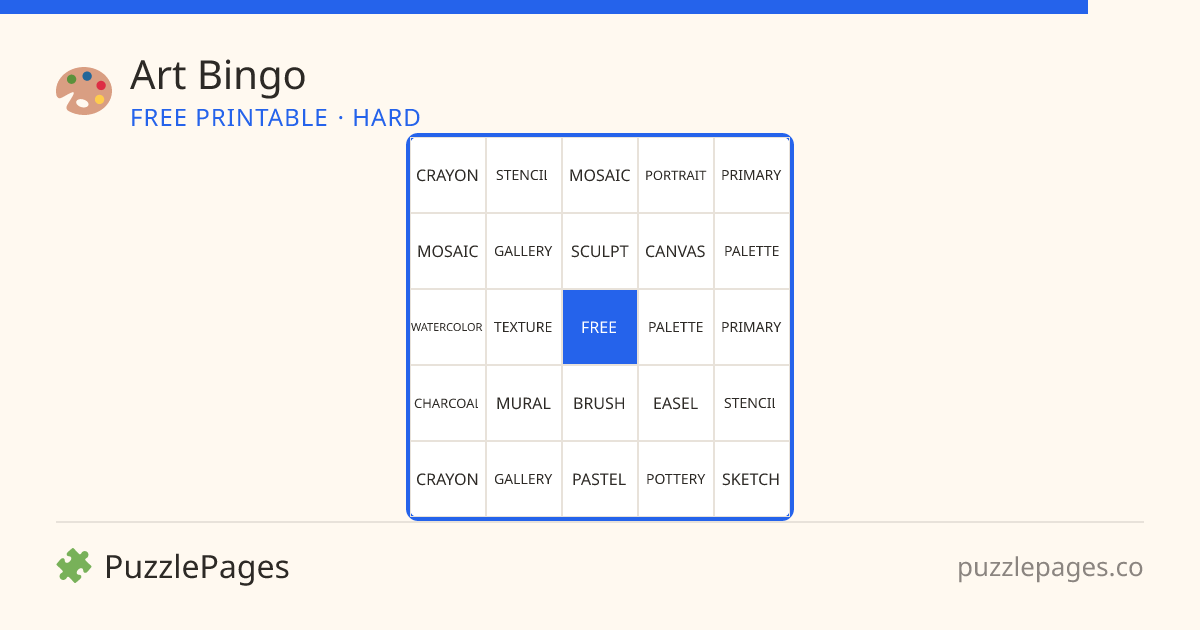 Art Hard printable bingo preview — free to print from PuzzlePages