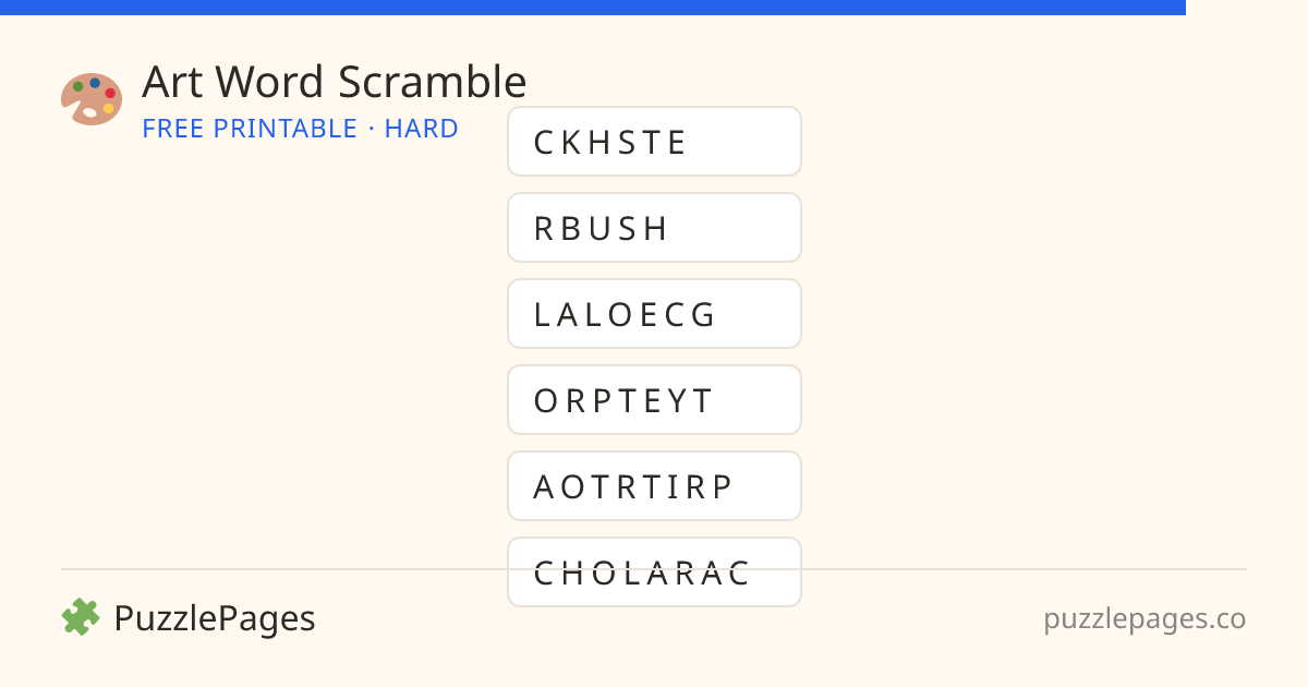 Art Hard printable word scramble preview — free to print from PuzzlePages