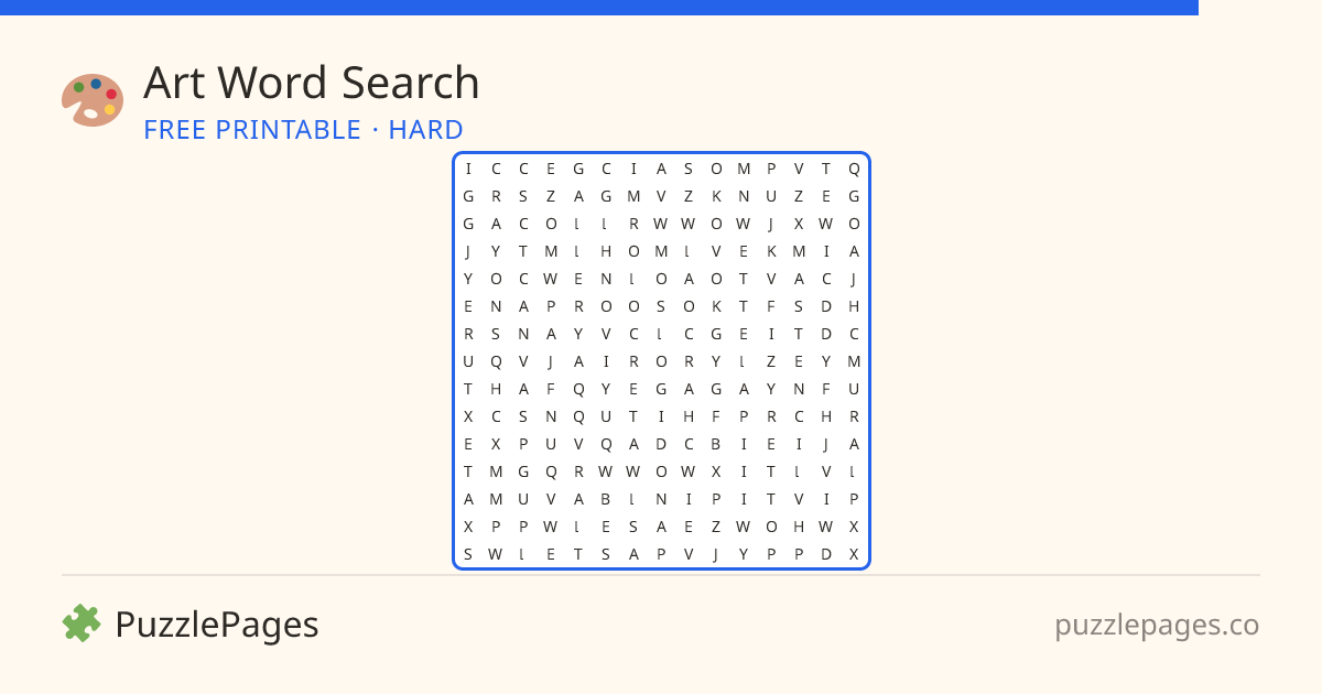 Art Hard printable word search preview — free to print from PuzzlePages