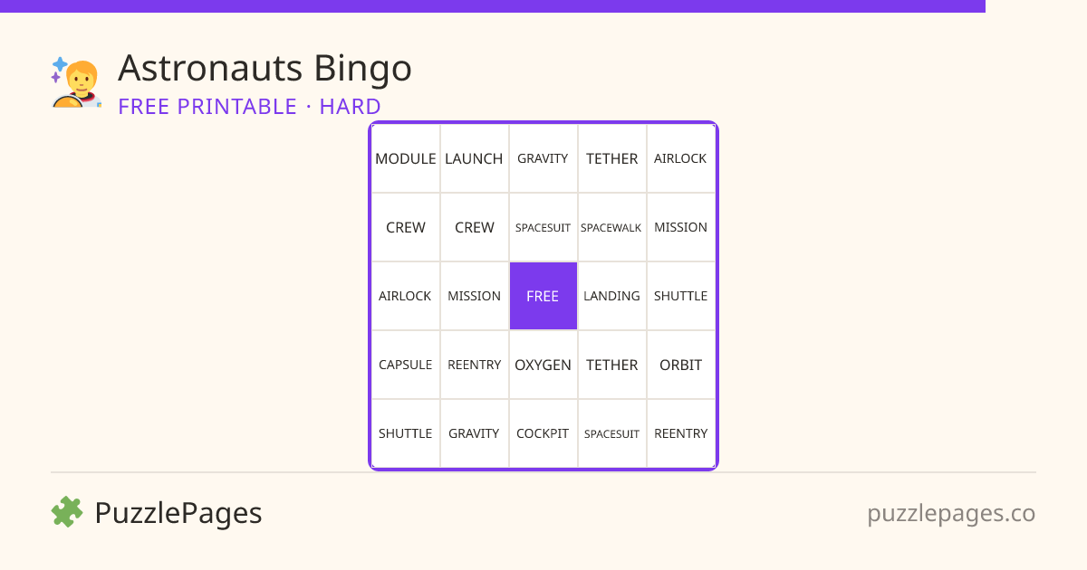 Astronauts Hard printable bingo preview — free to print from PuzzlePages