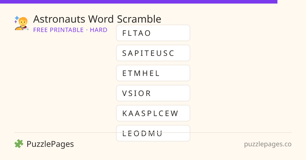 Astronauts Hard printable word scramble preview — free to print from PuzzlePages