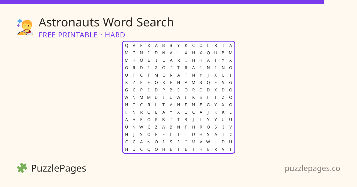 Astronauts Hard printable word search preview — free to print from PuzzlePages