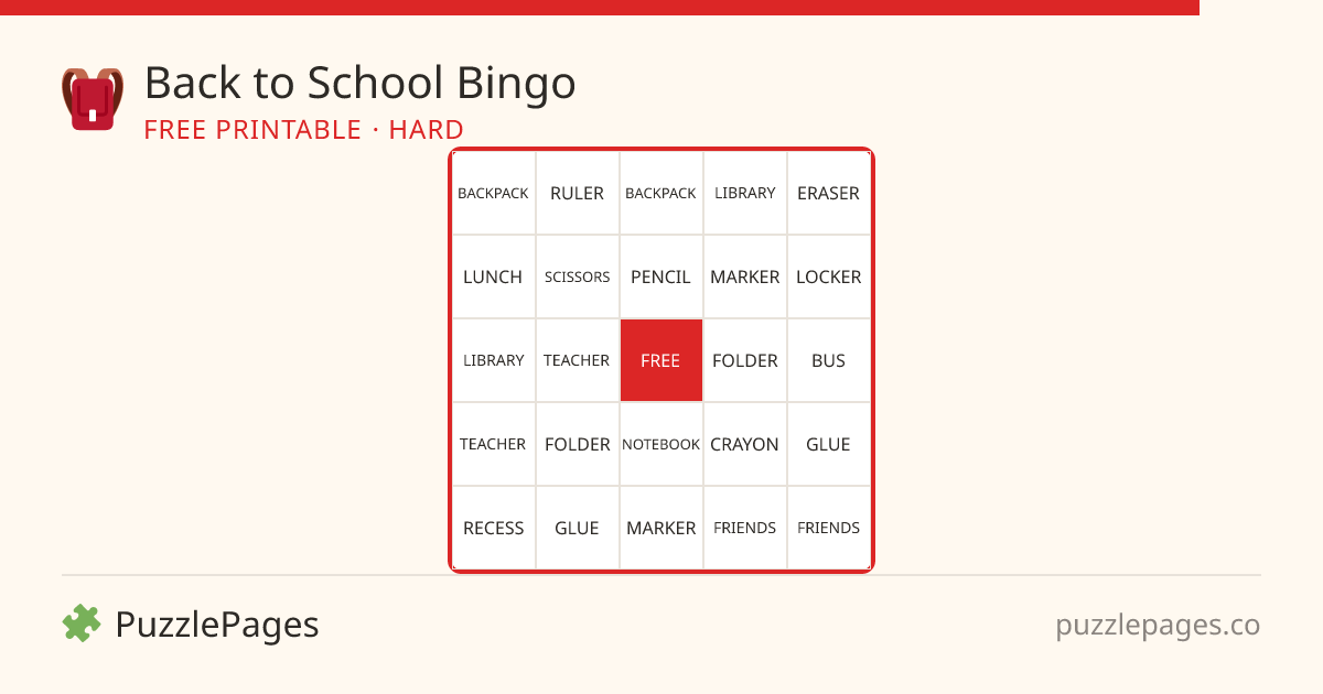 Back to School Hard printable bingo preview — free to print from PuzzlePages