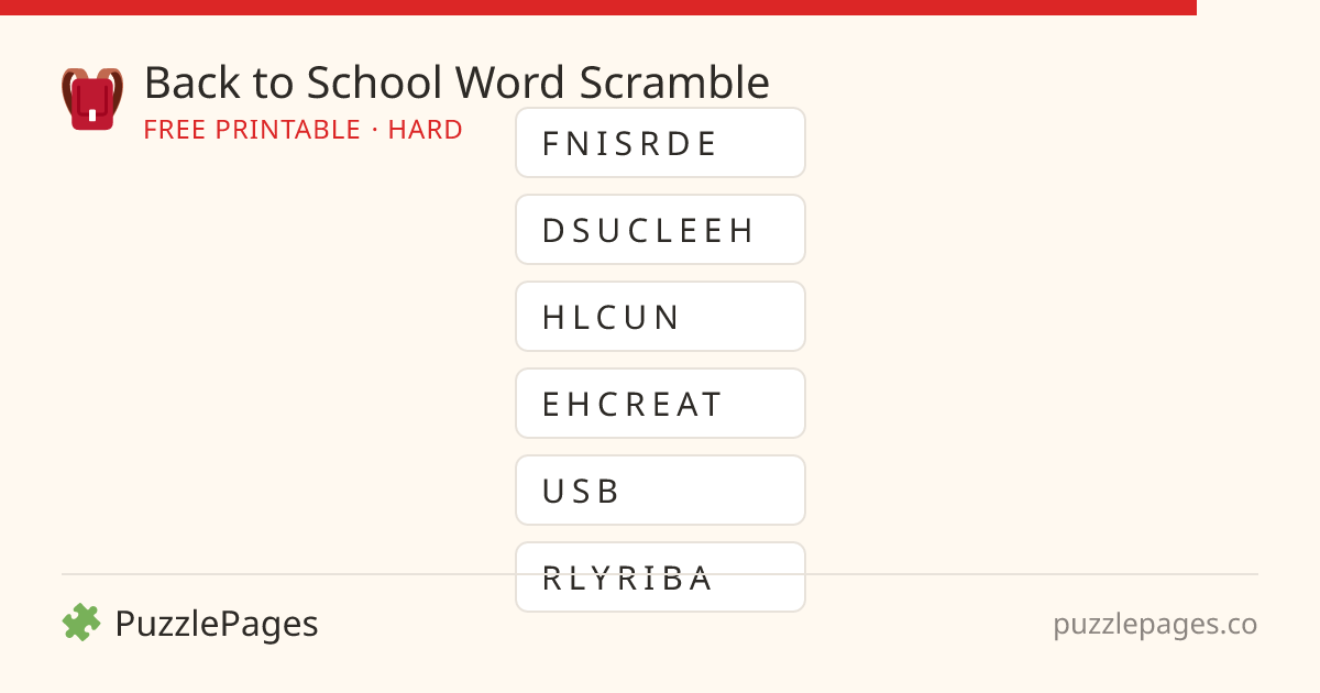 Back to School Hard printable word scramble preview — free to print from PuzzlePages