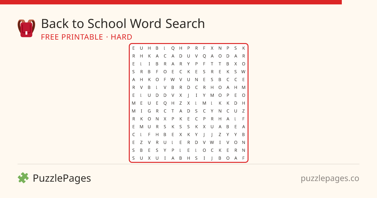 Back to School Hard printable word search preview — free to print from PuzzlePages