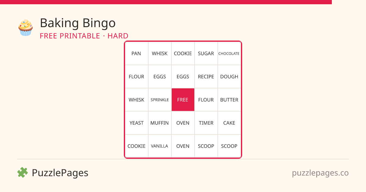 Baking Hard printable bingo preview — free to print from PuzzlePages