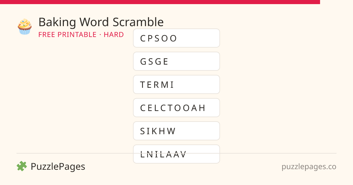 Baking Hard printable word scramble preview — free to print from PuzzlePages