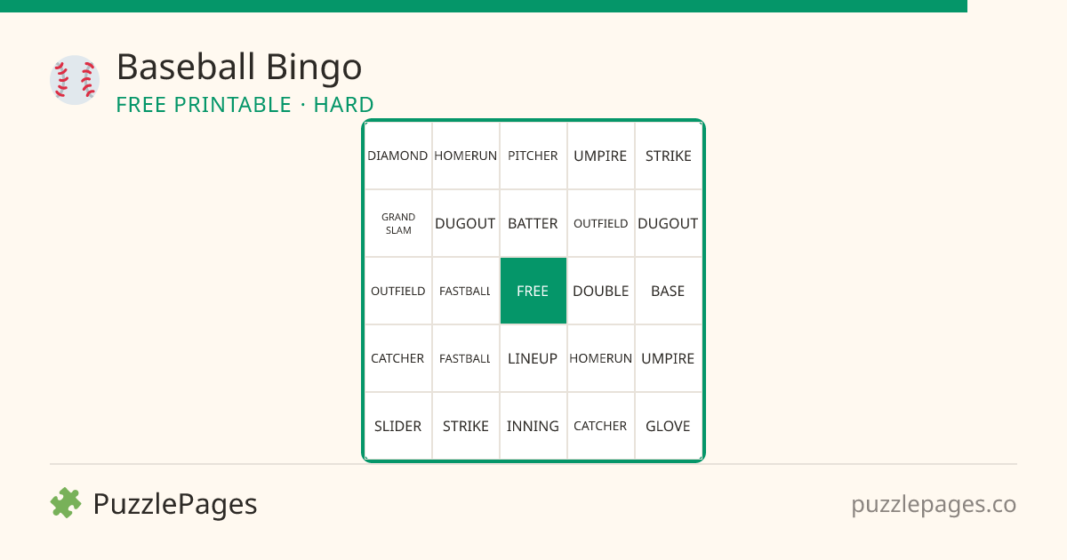 Baseball Hard printable bingo preview — free to print from PuzzlePages